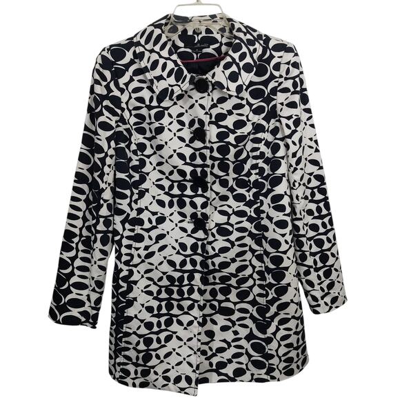 4090) Willi Smith Black Ivory Geo Print Spring Trench Coat Size Medium - Picture 2 of 10